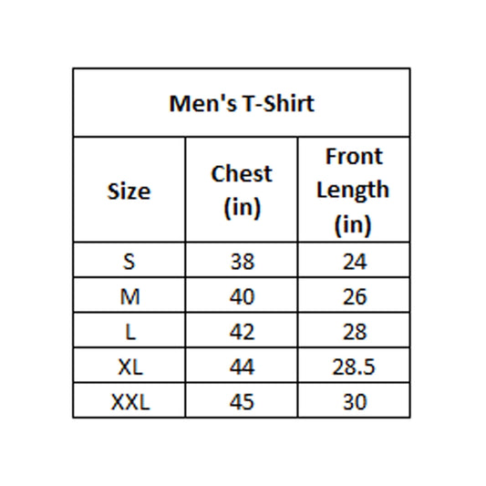 Table showing size chart for men's t-shirts with chest and front length measurements.