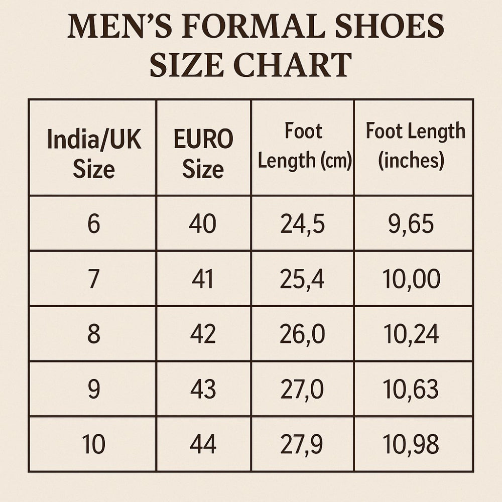 Men's formal shoes size chart with Indian/UK, Euro, foot length (cm), and foot length (inches) measurements.