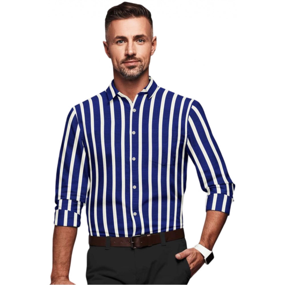 Man wearing a blue and white striped shirt on a white background