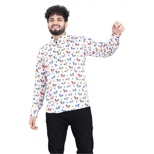 Man wearing a colorful patterned shirt on a white background