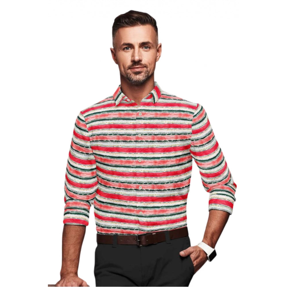 Man wearing a colorful striped shirt on a white background