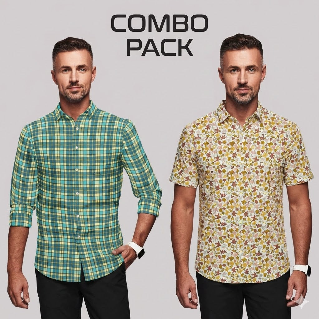 Two men wearing plaid and floral shirts with 'COMBO PACK' text on a gray background