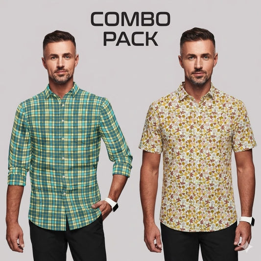 Two men wearing plaid and floral shirts with 'COMBO PACK' text on a gray background