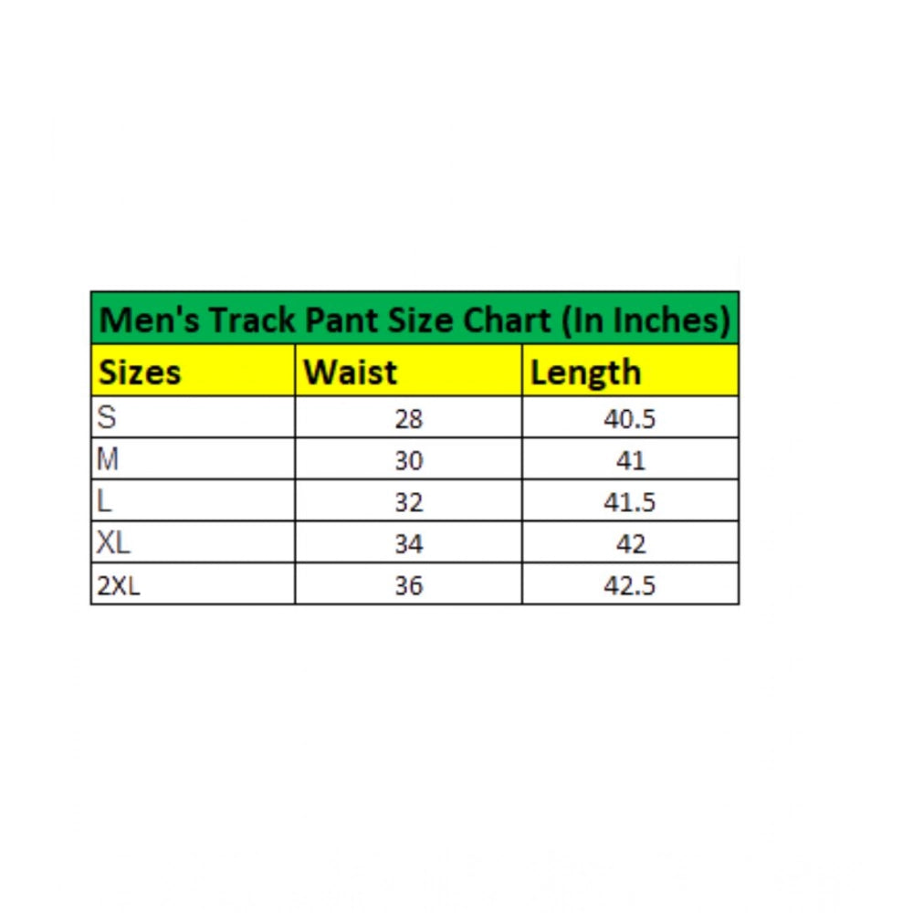 Men's track pant size chart with waist and length measurements in inches.