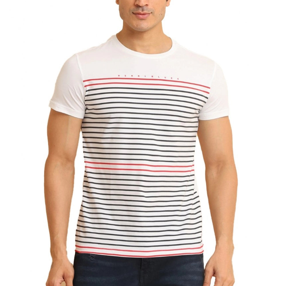 Man wearing a white t-shirt with red and black stripes on a white background